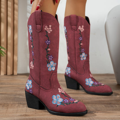 Women's Western Cowgirl Leather Floral Embroidered Mid-calf Solid Color Thick Heel Knight Boots