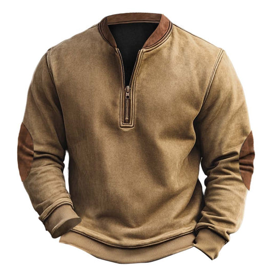 Men's Vintage Elbow Patch Color Block Henley Zipper Long Sleeve Sweatshirt
