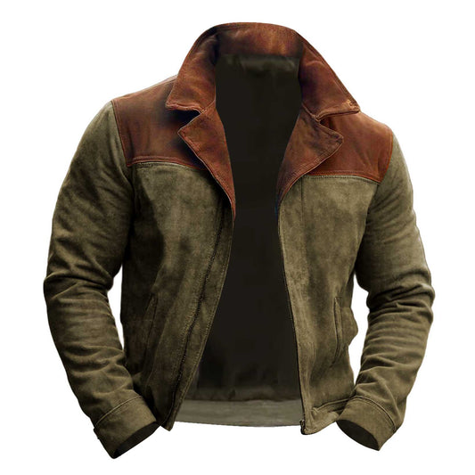 Men's Vintage Suede Color Block Pocket Lapel Collar Outdoor Motorcycle Jacket