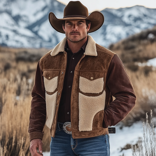 Men's Vintage Corduroy Suede Patchwork Fleece Fur Lapel Collar Outdoor Bomber Jacket