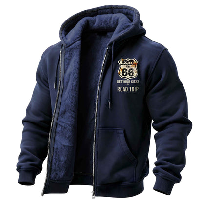 Men's Vintage Route 66 Road Trip Fleece Pocket Full Zip Long Sleeve Hoodie Jacket