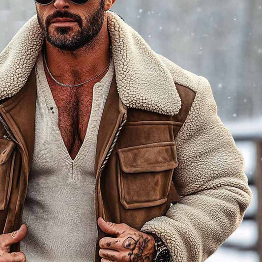 Men's Vintage Fleece Patchwork Suede Lapel Collar Outdoor Warm Shearing Jacket