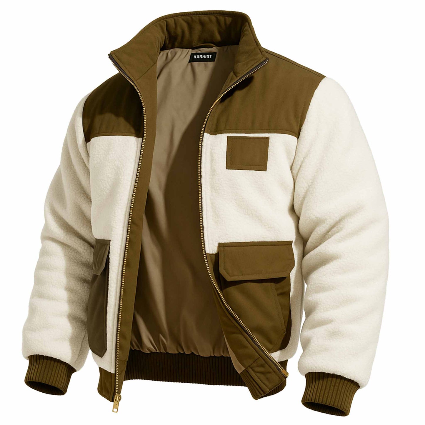 Men's Vintage Outdoor Fleece Contrast Pockets Sherpa Lined Stand Collar Jacket