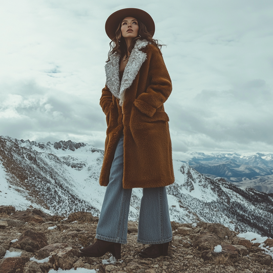 Women's Vintage Western Style Silver Fox Fur Trim Patchwork Lamb Fleece Jacket Long Afghan Coat