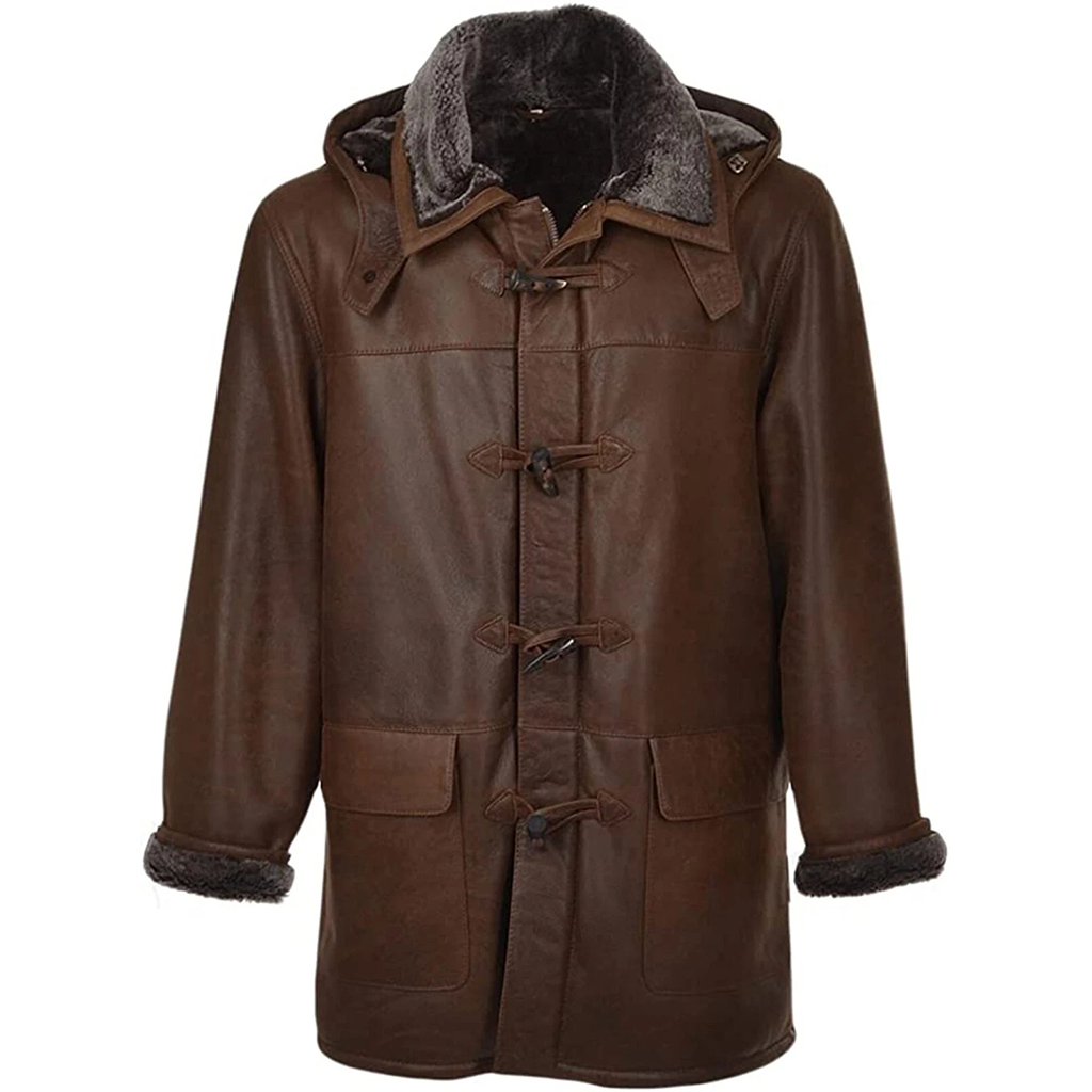 Men's Vintage Brown Leather-Look Duffle Coat With Faux Fur Lining