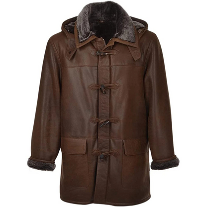 Men's Vintage Brown Leather-Look Duffle Coat With Faux Fur Lining