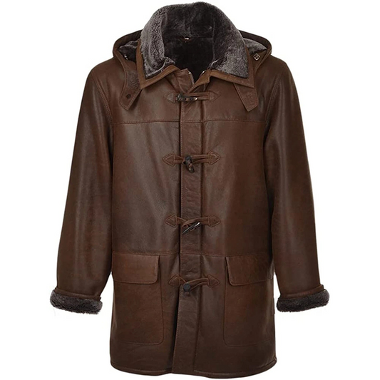 Men's Vintage Brown Leather-Look Duffle Coat With Faux Fur Lining