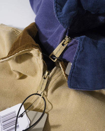 Stussy x Carhartt vintage J97 washed canvas jacket, loose-fitting collared zip-up coat for couples.