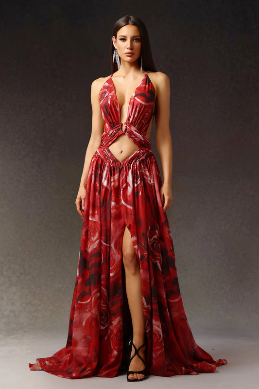 Zem Halter Ärmelloses Perlen V-Ausschnitt Ausgehöhltes Druck Schlitz Maxikleid