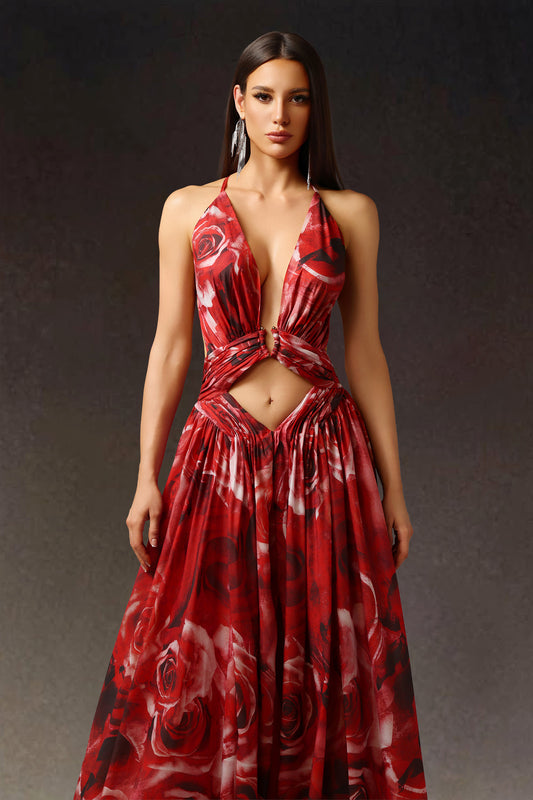 Zem Halter Ärmelloses Perlen V-Ausschnitt Ausgehöhltes Druck Schlitz Maxikleid