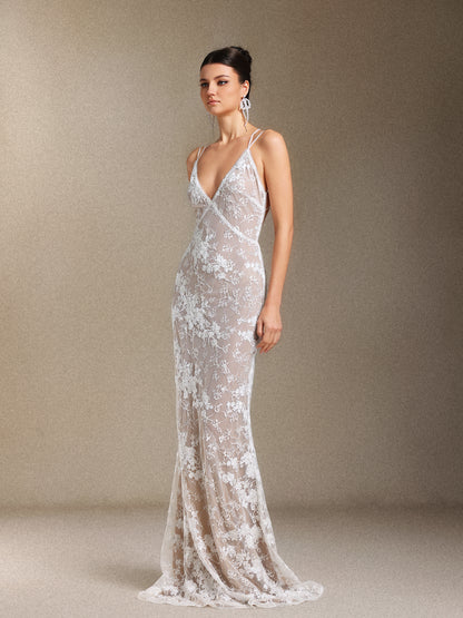 Thea Sling V-Ausschnitt Pailletten Spitze Maxi-Hochzeitskleid