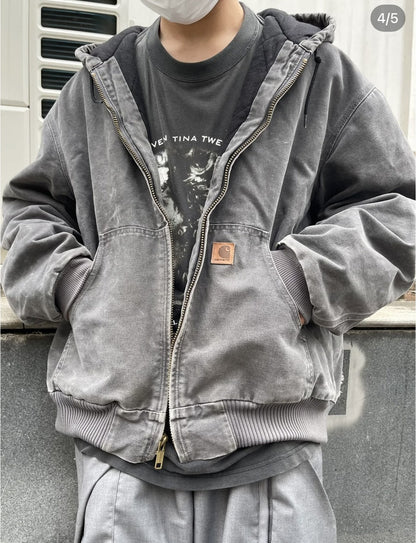 Vintage J130 washed distressed hooded zip-up jacket/padded coat