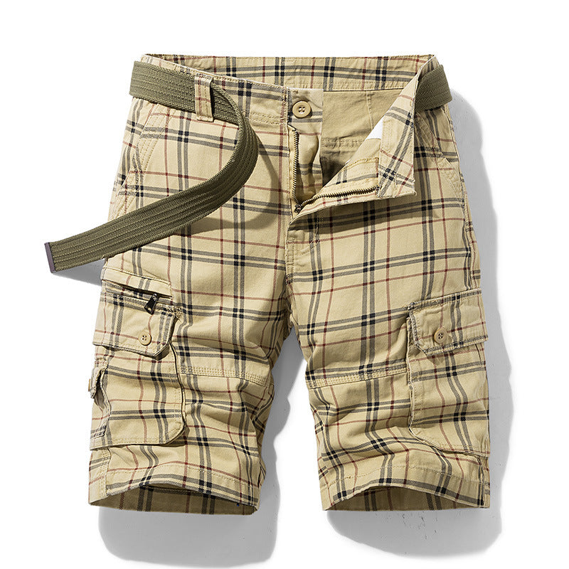 Slim Multi-pocket Cotton Lattice Printed Men's Shorts