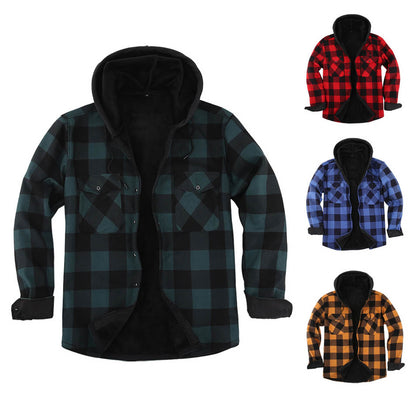 قميص حراري رجالي من الفلانيل منقوش بغطاء للرأس مع صوف سميك