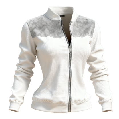 White And Gray Marble-Trimmed Zip-Up Jacket