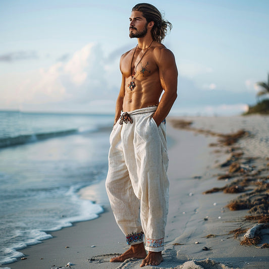 Men's Casual Retro Linen Trousers Holiday Seaside Ethnic Style Linen Trousers