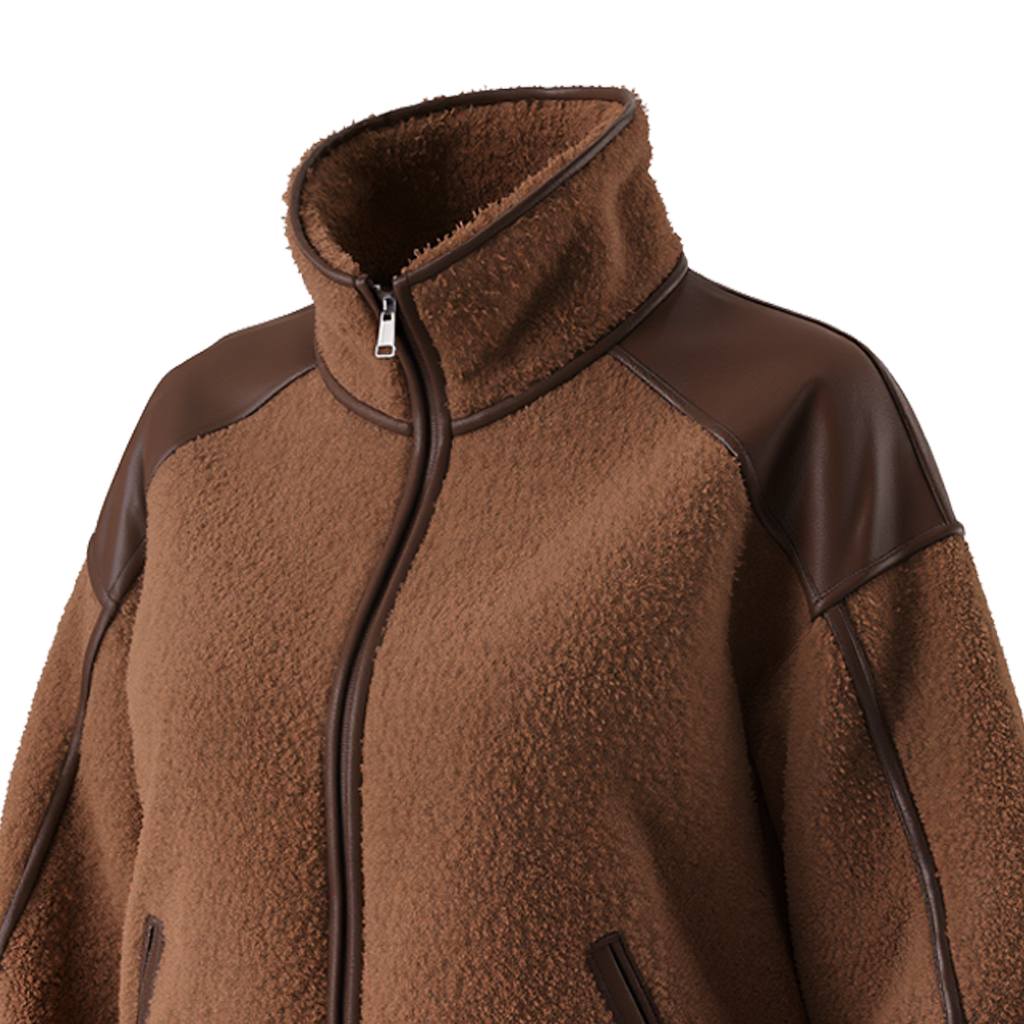 Women's Retro Cowboy Brown Fleece Jacket With Leather Trim