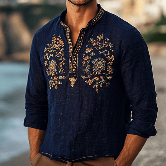 Men's Outdoor Elegant Gentleman Beach Ethnic Patterns Dark Blue Henley Linen Shirts