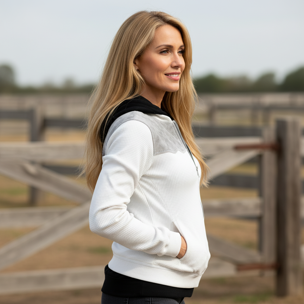 White And Gray Marble-Trimmed Zip-Up Jacket