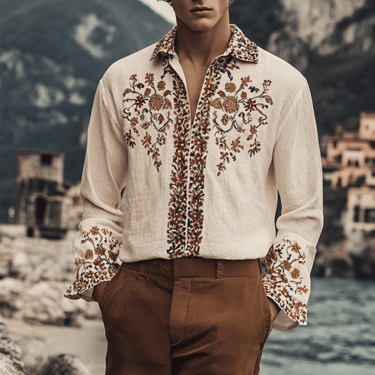 Men's Outdoor Elegant Gentleman Beach Ethnic Patterns Khaki Linen Shirts