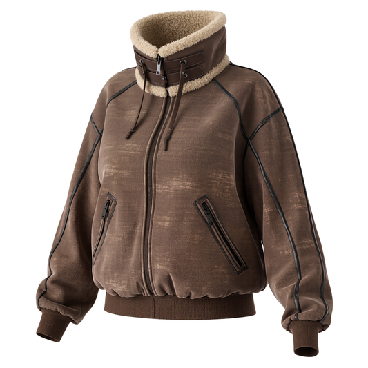 Brown Fleece Suede Jacket With High Collar And Sherpa Lining