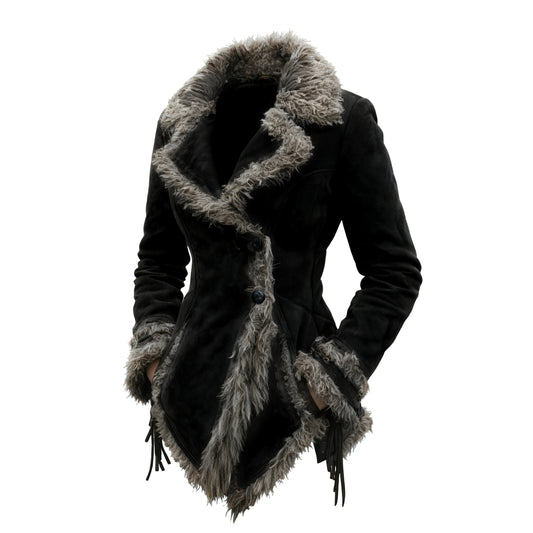 Women's Vintage Suede Coat Fur Collar Lapel Coat Beggar Style Coat
