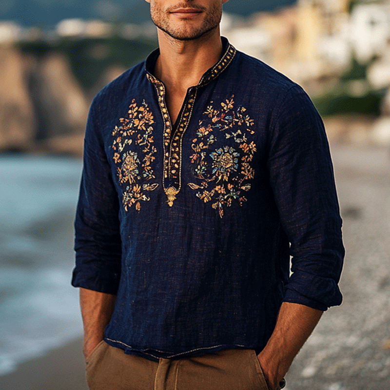 Men's Outdoor Elegant Gentleman Beach Ethnic Patterns Dark Blue Henley Linen Shirts