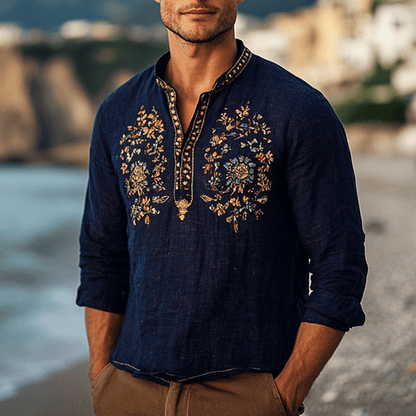 Men's Outdoor Elegant Gentleman Beach Ethnic Patterns Dark Blue Henley Linen Shirts