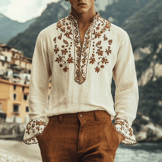 Men's Outdoor Elegant Gentleman Henley Beach Ethnic Patterns Khaki Linen Shirts