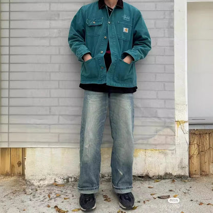 STU Collaboration Multi-Pocket Canvas Jacket Michigan Workwear Collared Jacket Loose Felt Lining