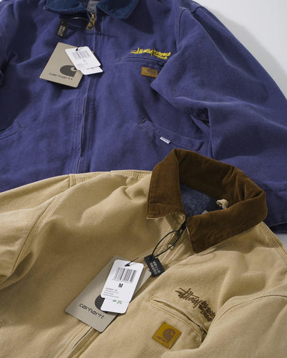 Stussy x Carhartt vintage J97 washed canvas jacket, loose-fitting collared zip-up coat for couples.