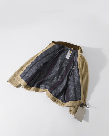 Stussy x Carhartt vintage J97 washed canvas jacket, loose-fitting collared zip-up coat for couples.