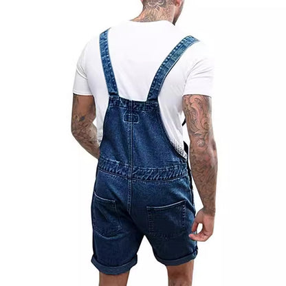 Blue Denim Big Pockets Men's Overalls Short Jumpsuits
