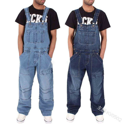 Jeans de jeans de uma peça de uma peça de várias bolsos soltos de cor casual de cor solida