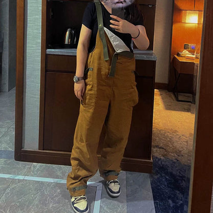 Vintage loose straight overalls May Khaki casual one-piece suspenders