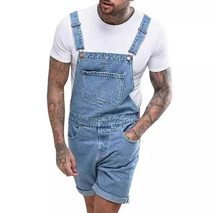 Blue Denim Big Pockets Men's Overalls Short Jumpsuits