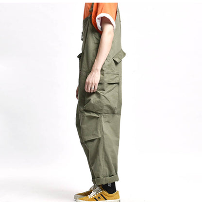 Calças de mochila verde militar com calças de trabalho de macacão solto