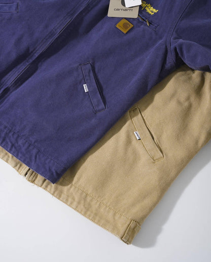 Stussy x Carhartt vintage J97 washed canvas jacket, loose-fitting collared zip-up coat for couples.