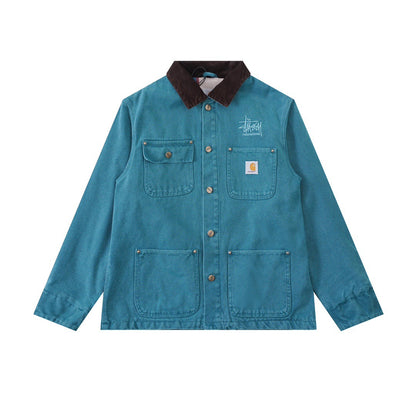 STU Collaboration Multi-Pocket Canvas Jacket Michigan Workwear Collared Jacket Loose Felt Lining