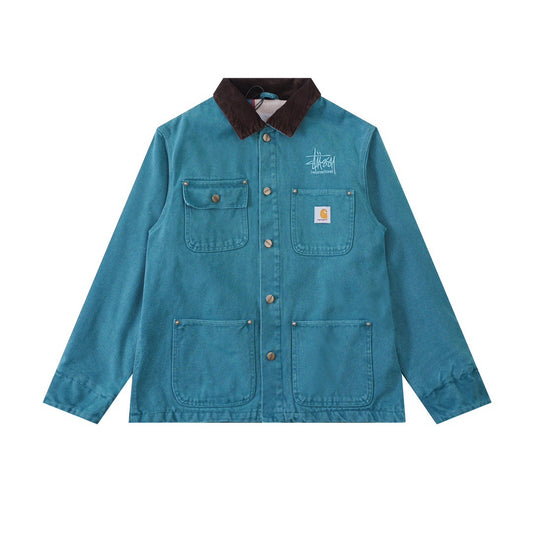 STU Collaboration Multi-Pocket Canvas Jacket Michigan Workwear Collared Jacket Loose Felt Lining