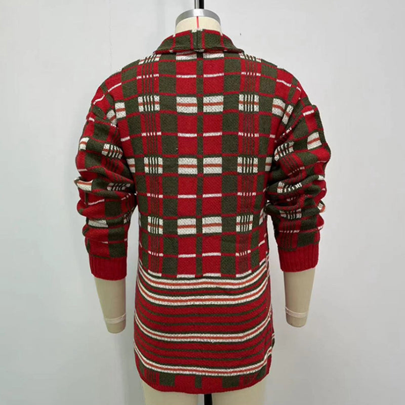 Fashion Plaid Knit Long Loose Plus Size Cardigan Sweater