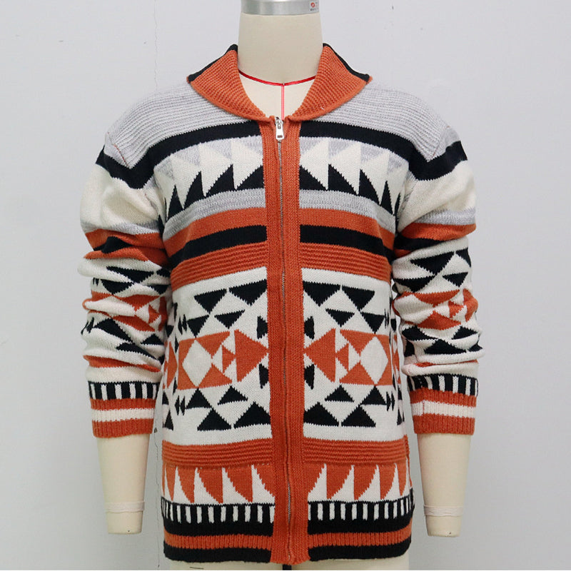 Lapel jacquard Retro Design Cardigan Men Sweater