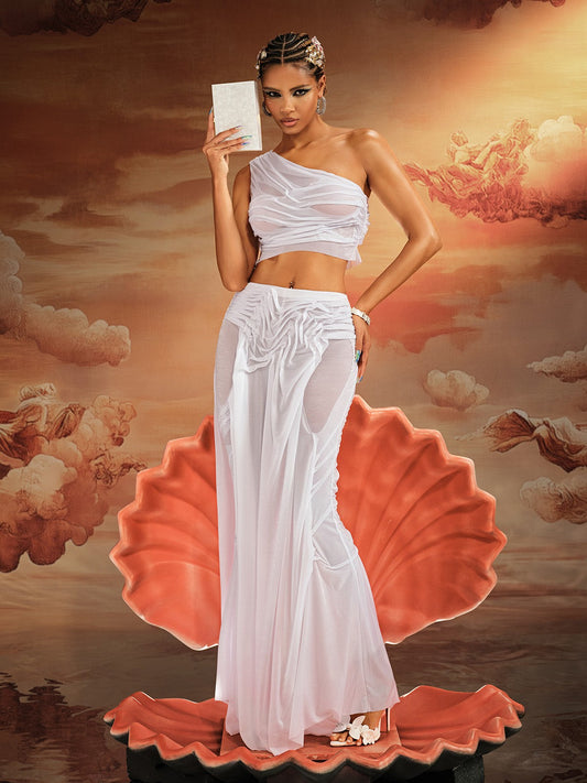 Akiye One Shoulder Ruched Skirt Set In White