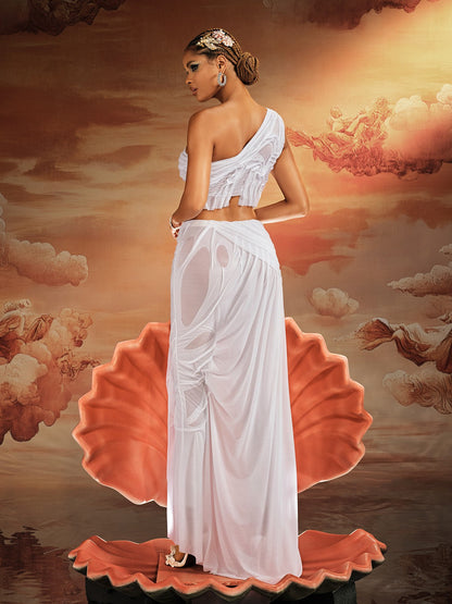 Akiye One Shoulder Ruched Skirt Set In White