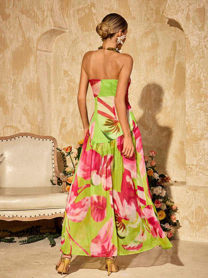 Alikae Strapless Printed Split Maxi Dress In Green