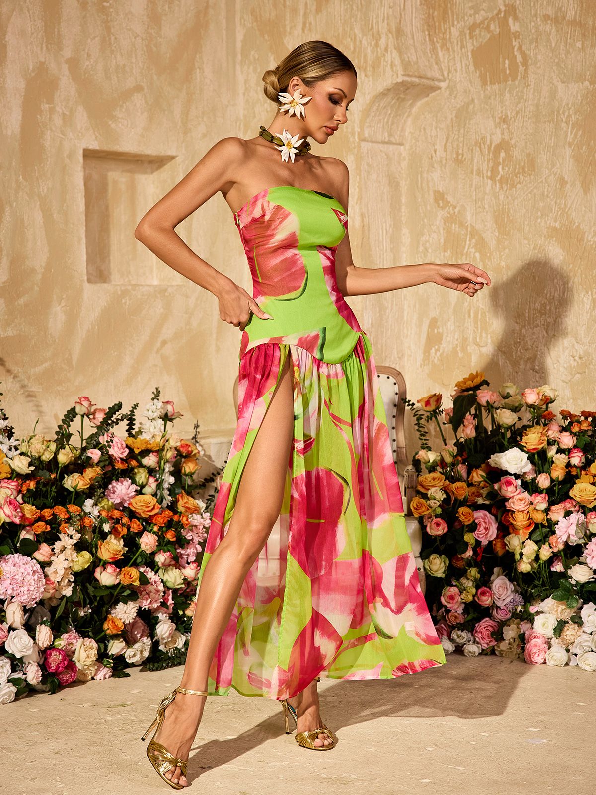 Alikae Strapless Printed Split Maxi Dress In Green