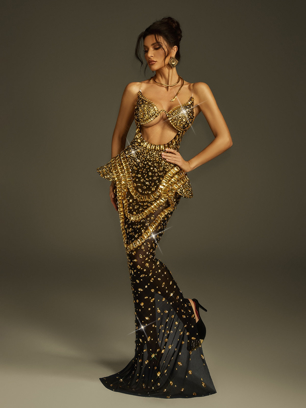 Arygon Strapless Cutout Crystal Maxi Dress In Black & Gold