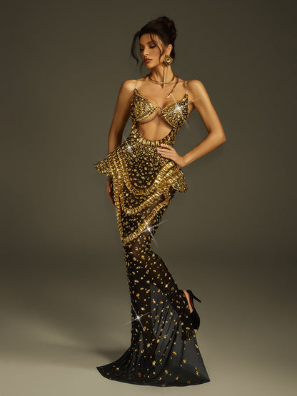 Arygon Strapless Cutout Crystal Maxi Dress In Black & Gold
