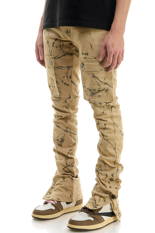 بنطلون جينز رجالي كاكي مكدس بجيوب كبيرة وأزرار جانبية خارجية