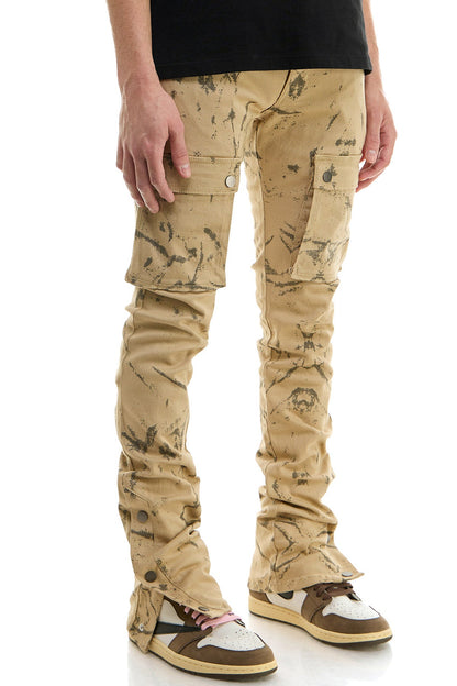 Khaki Stacked Mens Flare Jeans Big Pockets Outer Side Snap Buttons